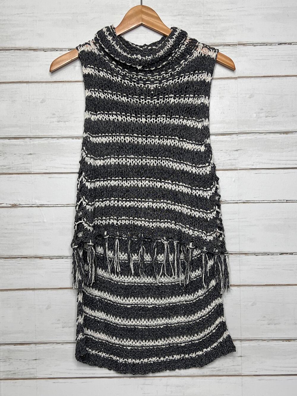 Free People Folksong Fringe Tunic Sweater Vest Gray White Striped Sleeveless XS